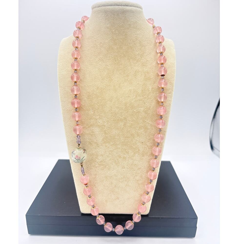 Artisan Rose Quartz Amethyst Necklace w Hand‑Painted Accent Bead 14K Clasp